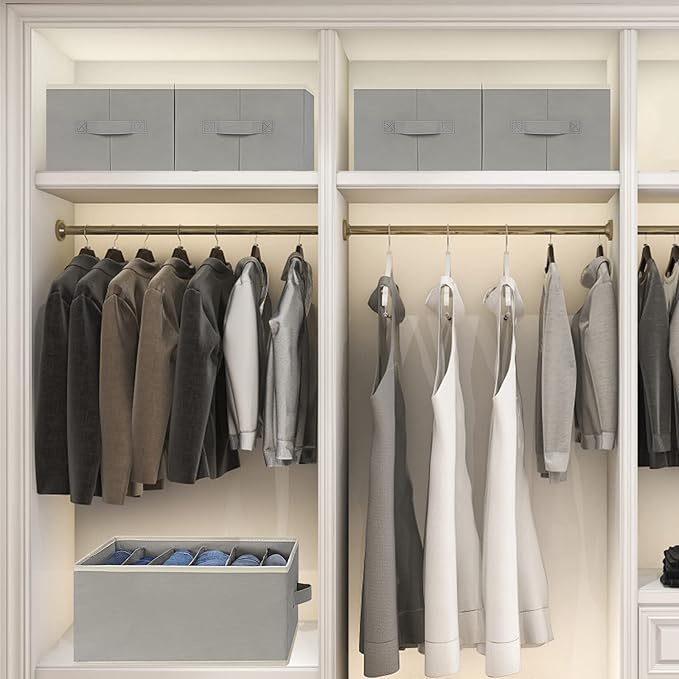 6 Pcs Large Size Wardrobe Clothes Organizers 6 Grids for Pants, Jeans, Sweater, T-shirt, Thin Coat, Dress Stackable Closet Drawer Organizer Storage Bin Container with Sturdy Handles, Grey