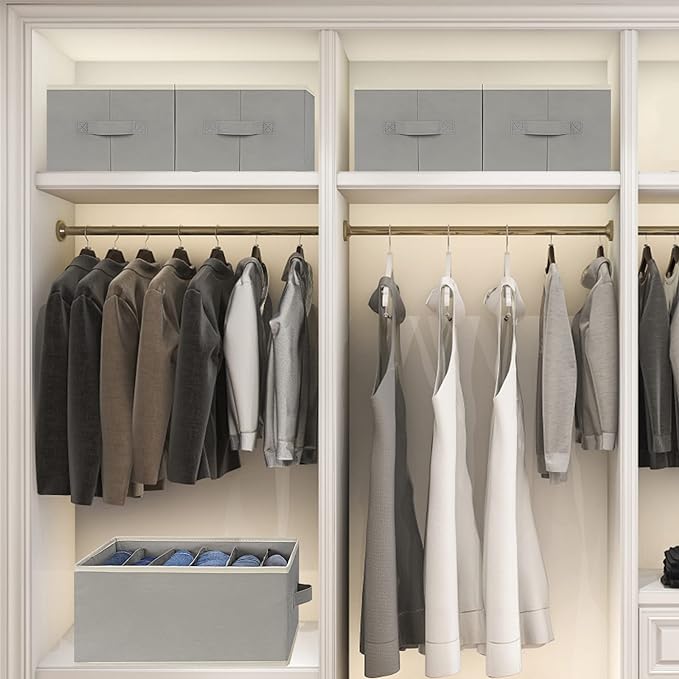 6 Pcs Large Size Wardrobe Clothes Organizers 6 Grids for Pants, Jeans, Sweater, T-shirt, Thin Coat, Dress Stackable Closet Drawer Organizer Storage Bin Container with Sturdy Handles, Grey