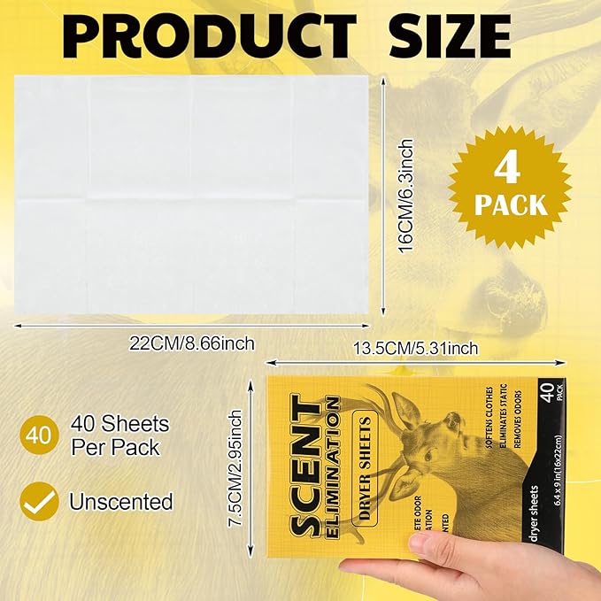 4 Packs 160 Sheet Scent Elimination Dryer Sheets for Hunting Scent Free Dryer Sheets Hunting Fabric Softener for All Fabrics Clothes
