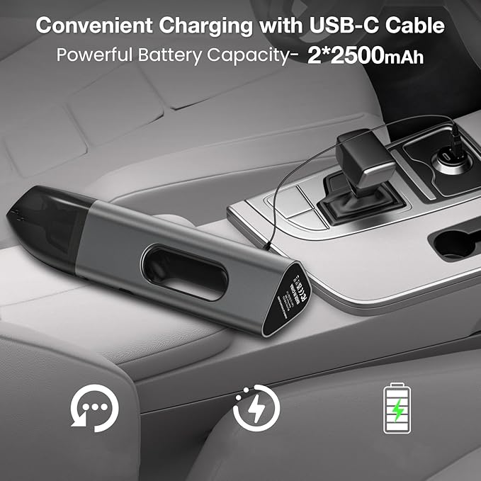 NEXPOW Handheld Car Vacuum Cleaner High Power with Dual Filter,8000PA Compact Handheld Vacuum Cleaner,Hand held Vacuum Cordless Rechargeable for Car Interior Care in Gray Aluminum Alloy