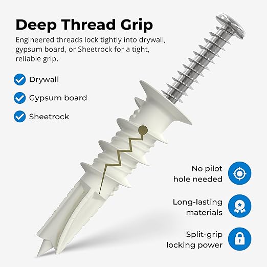#8 Self Drilling Drywall Plastic Anchors with Screws - No Pre Drill Hole Preparation Required - 75 Lbs (100 Pack)