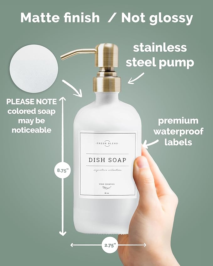 Vine Creations White Glass Soap Dispenser, 2 Pack Kitchen Soap Dispenser Set with Stainless Steel Pump, 16 oz Dish Soap and Hand Soap Dispensers for Bathroom with Waterproof Labels