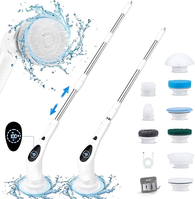 Electric Spin Scrubber, Cordless 3 Speeds Cleaning Brush 430 RPM, Adjustable/Detachable Long Handle, Shower Scrubber for Bathroom, Car, Floor, Shower Cleaning Brush with 9 Replaceable Brushes