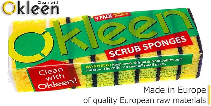 Yellow Multi Use Scrub Sponge. Made in Europe. Large Pack of 18. 4.3x2.8x1.4 inches. Black Heavy Duty & White Non Scratch Fiber. Best Odorless & Durable Professional Scrubber for Commercial Use