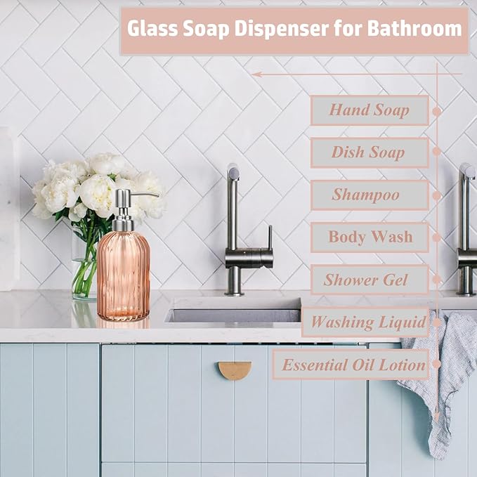 14Oz Amber Soap Dispenser Bathroom, Clear Glass Hand Soap Dispensers with Stainless Steel Pump, Refillable Dish Soap Dispenser for Kitchen, Countertop Soap Dispensers