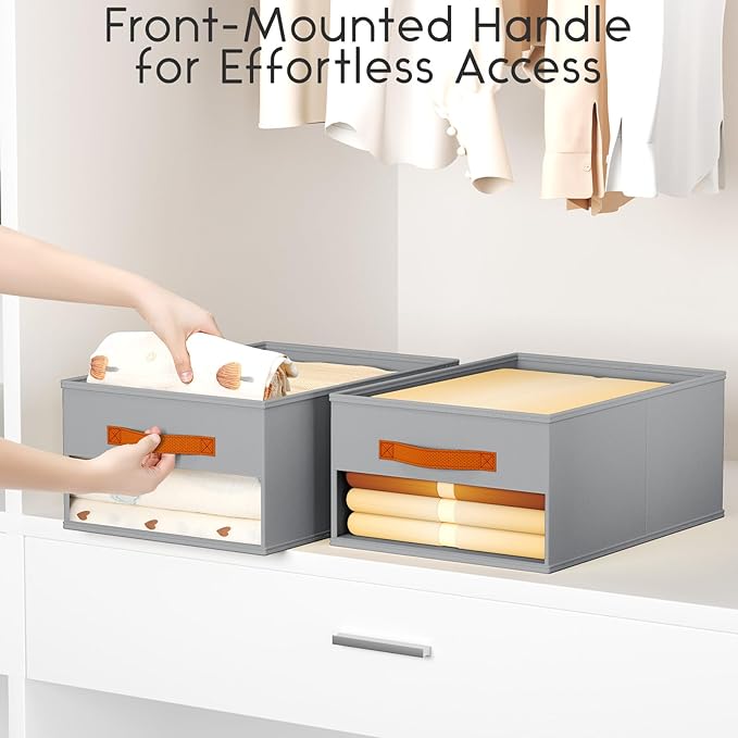 Homsorout Drawer Organizers and Storage - 12 Pack Foldable Pants Organizer with Clear Window & Handles, Fabric Closet Organizer for Clothes, Jeans, Sweaters, Towels, T-shirt, Scarf (Grey)