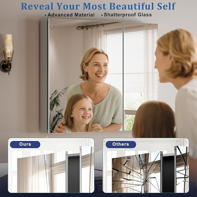 Bathroom Medicine Cabinet Mirror with Storage, 36 Inch x 26 Inch Silver Medicine Cabinet with Double Door & Adjustable Shelves for Vanity, Aluminum Surface, Wall-Mount or Recessed