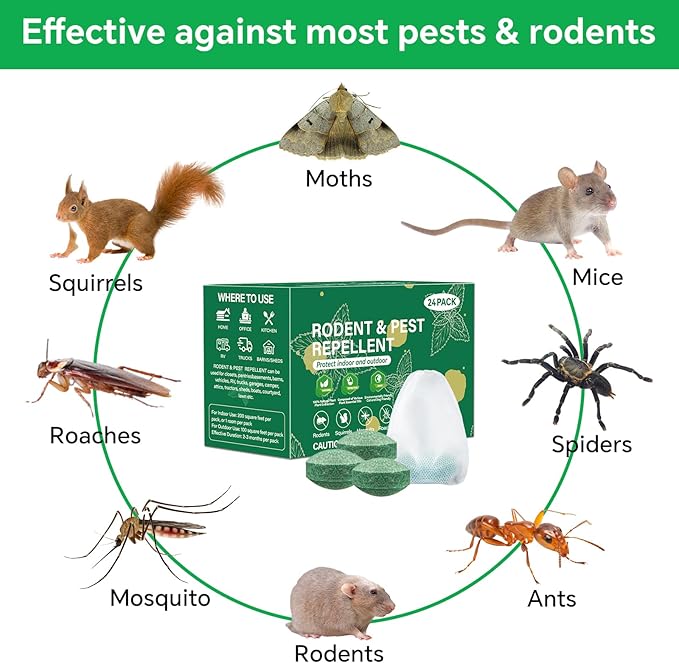 Pest Rodent Repellent, 24 Pack Peppermint Oil for Mouse, Rodent, Bugs,Mosquito,Roach, Ant, Spider Pest Repellent Indoor Outdoor Use, Powerful Natural Rodent Deterrent for House, Warehouse, Garage (24)