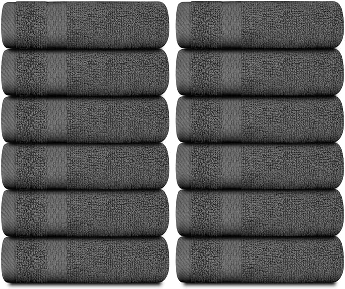 White Classic Luxury Cotton Washcloths 13x13 Inch - 650 GSM Turkish Cotton | Hotel, Spa, Bathroom Face Towel | 12 Pack, Dark Gray