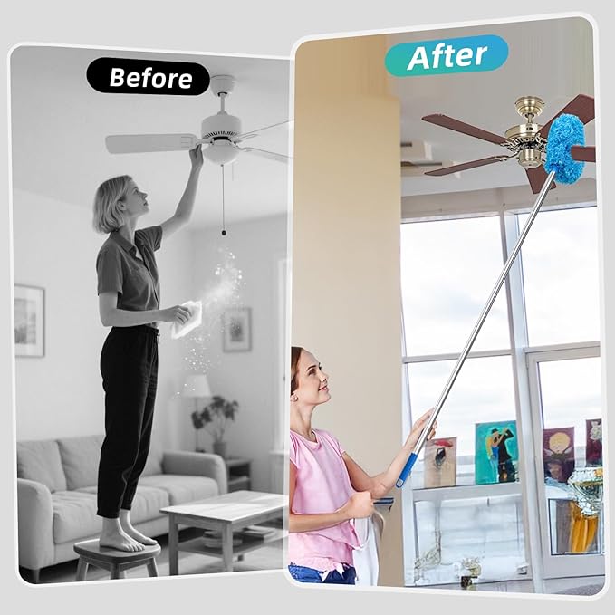DRQ Ceiling Fan Cleaner Duster, 2 Pack Reusable Microfiber Duster with Extension Pole, 13 to 50 Inch Fan Blade Cleaner, Removable Dusters for Cleaning Walls Bookshelves Door Window Top (Blue)