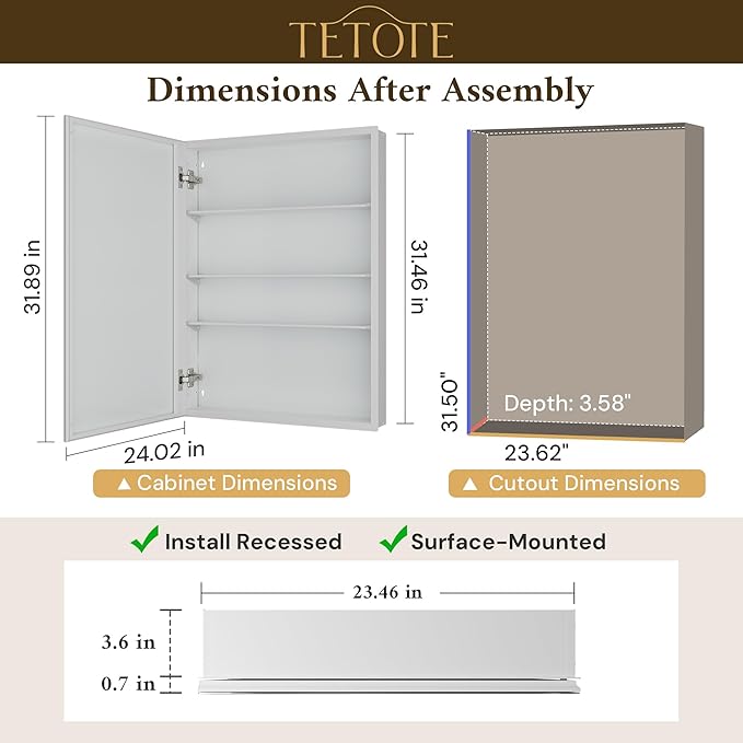 TETOTE 24 x 32 Bathroom Mirror with Storage with Tempered Beveled Mirror White Medicine Cabinet Aluminum Cabinet DTC Hinges, Stepless Adjustable Shelves, Recessed/Surface-Mounted