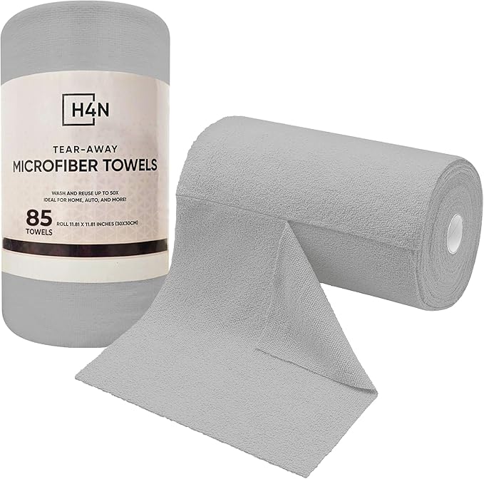 H4N Microfiber Cleaning Cloth Roll, 85 Pack Tear Away Towels, Lint Free, Absorbent, Streak Free, Non-Abrasive, Reusable and Washable Dish Rags for Car and Household Supplies, 11.81x11.81 Inches (Gray)