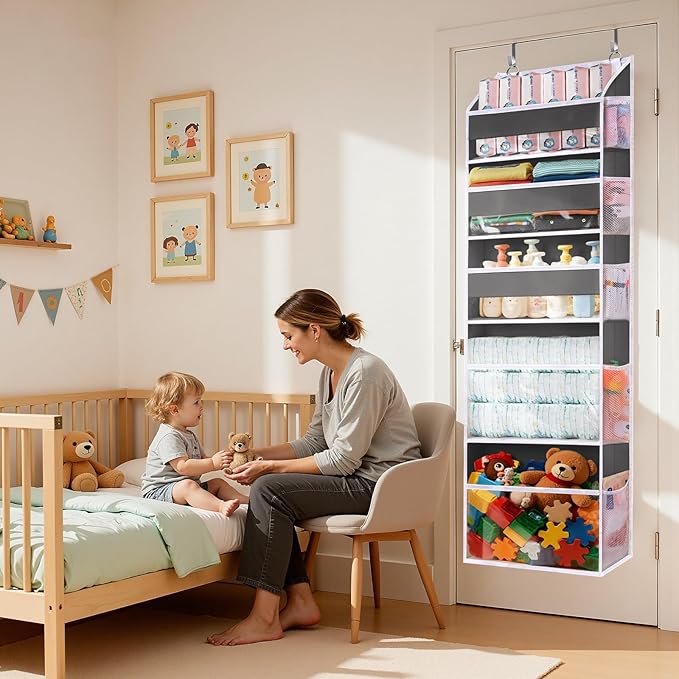 5 Tiers Over Door Organizer with 10 Mesh Side Pockets, 50 lbs Weight Capacity Hanging Storage Organizer with Clear Window Kids Toys, Shoes, Diapers, Dark Gray