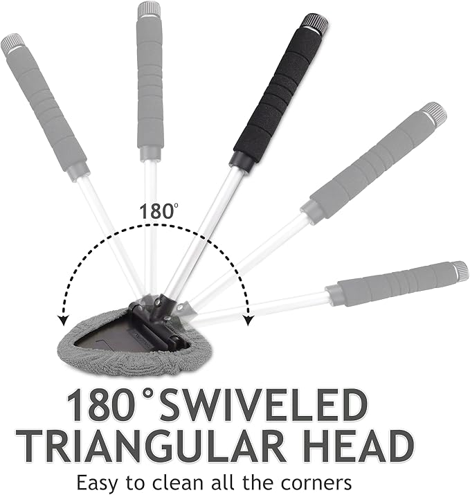 TAKAVU Car Window Cleaning Tool, Windshield Wiper Cleaner with Extendable Long-Reach Handle, 3 Washable Reusable Microfiber Bonnets, Car & Home Inside Interior Exterior Use - Lint Free (Grey)