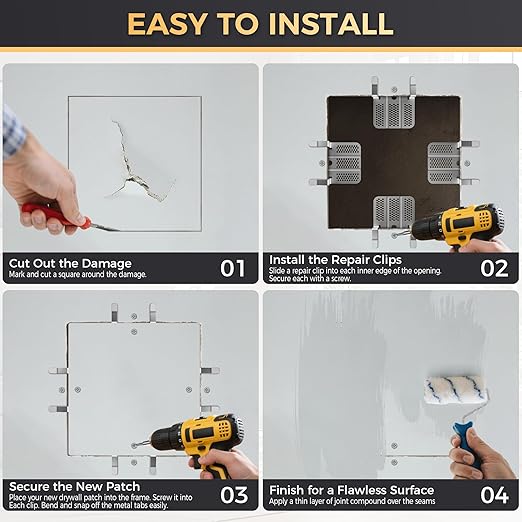 Drywall Repair Clips,Easy Install Drywall Clips 1/2 Inch,Professional Hole Repair Patch Kit for Wall and Sheetrock, Strong Metal Backing Clips with Screws for Home Improvement-32Packs