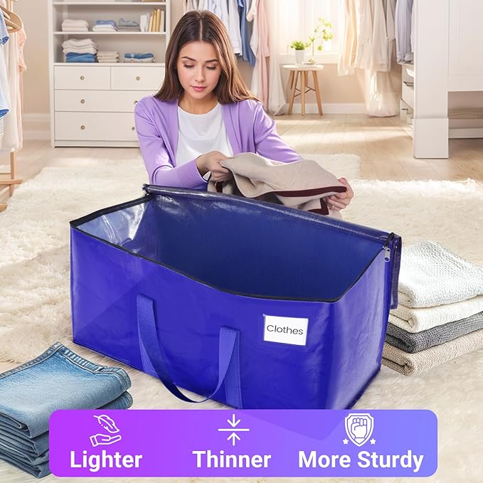 FabSpace Moving Storage Bags, Moving Supplies Packing Boxes for Moving, Camping, College Dorm Room Essentials for Girls, Blue Tote Bags, Heavy-Duty Storage Bins With Lids And Zippers, 125L 4 Pack