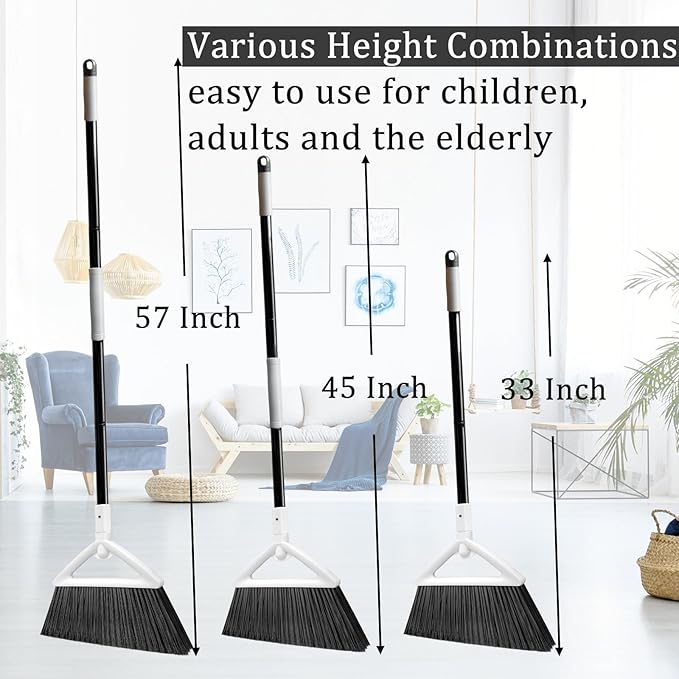 Heavy Duty Angle Broom 2 Pack - White Broom for Outdoor & Indoor, Garage, Driveway, Sidewalk, Kitchen & More, Long Handle