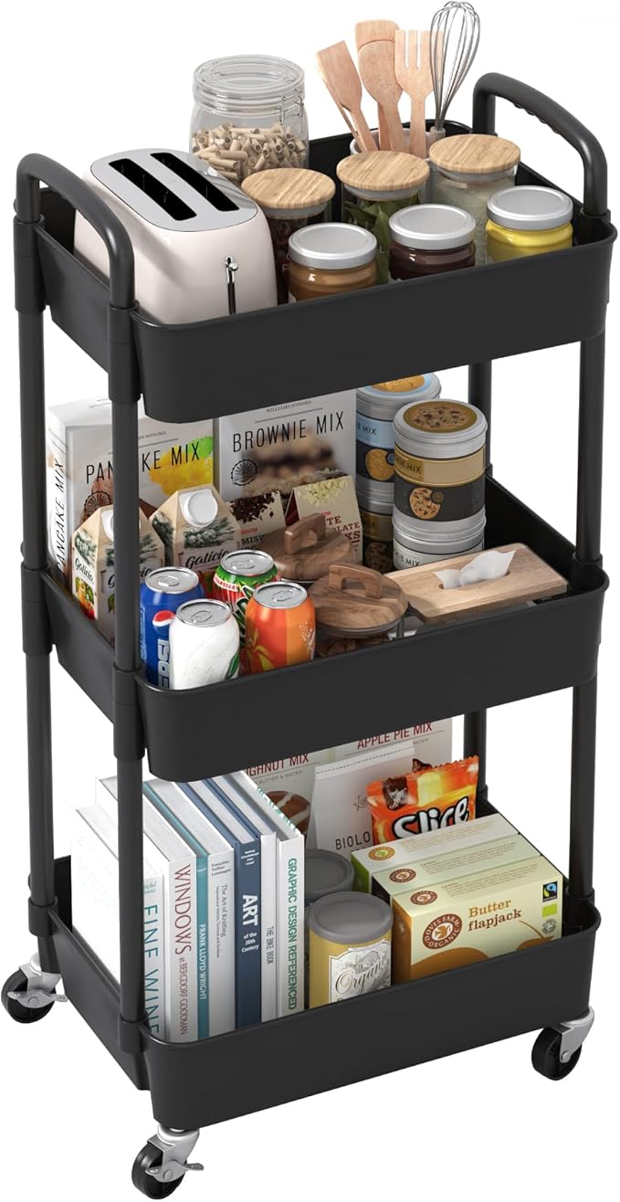Sywhitta 3-Tier Plastic Rolling Utility Cart with Handle, Multi-Functional Storage Trolley for Office, Living Room, Kitchen, Movable Storage Organizer with Wheels, Black