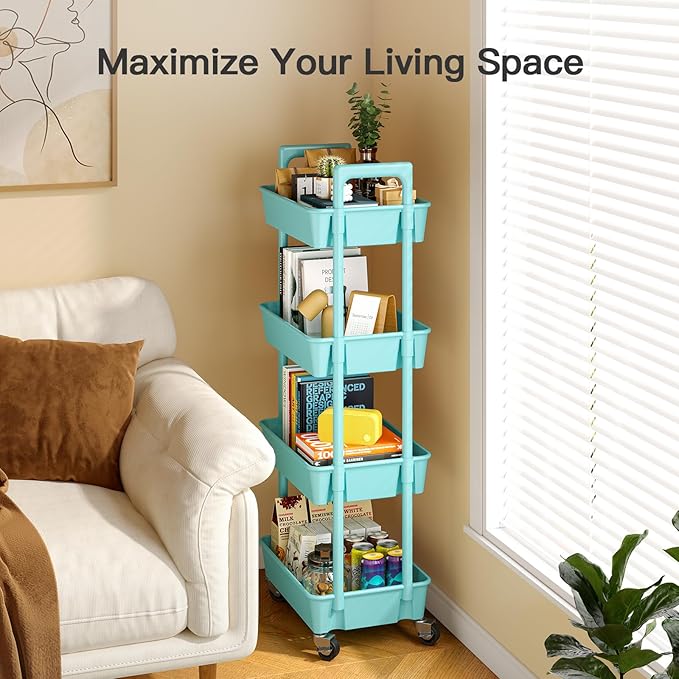 Pipishell 4-Tier Rolling Cart, Plastic Cart with Lockable Wheels & Reinforced Handle, Lightweight Utility Storage for Nursery, Bathroom, Craft Room, PIUC15TB