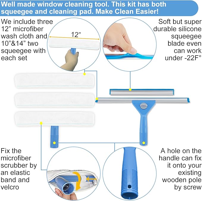 Window Squeegee Washing Kit for Shower Glass Door, Mirror and Window Cleaning, Extra 14'' Wide Squeegee and 2 Microfiber Scrubbers Included (Extension Pole not Included)