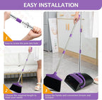 Broom and Dustpan Set with Long Handle, Light Weight Stainless Steel Poles Stand Upright Dustpans with Broom Combo for Home Kitchen Office Pet Dog Hair, 1-Pack (Purple)