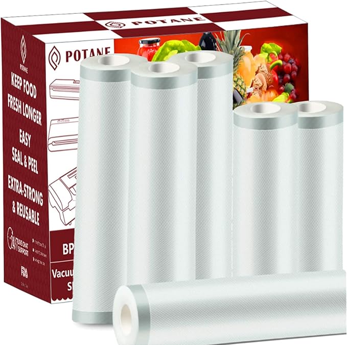 POTANE 6 Pack 11"x20'(3Rolls) and 8"x20' (3Rolls)Thickened Vacuum Sealer Bags , Smell-Proof, Puncture Prevention, Heavy duty for POTANE, Food Saver, Great for Vacuum storage,Meal Prep or Sous Vide