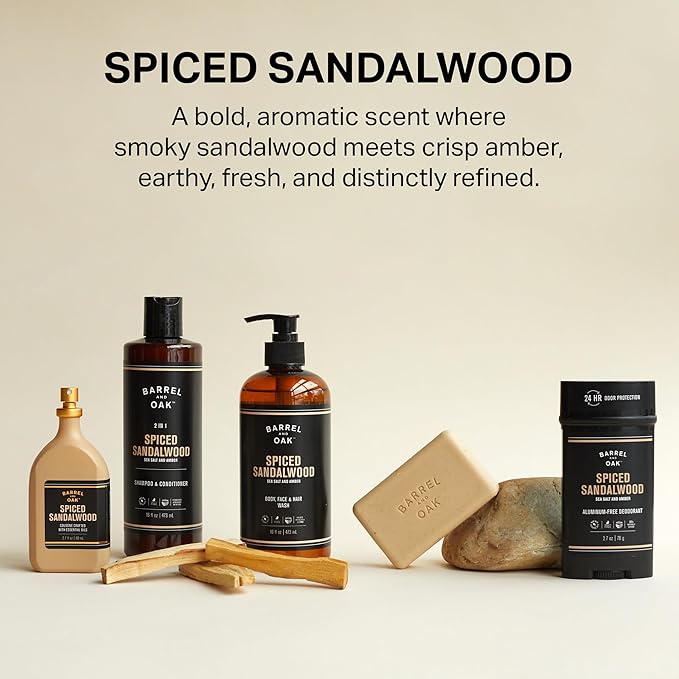 Barrel & Oak Aluminum Free Deodorant for Men, Natural Men's Deodorant with Sea Salt & Amber Essential Oil for Delicate Skin, Grooming Kit Gifts for Men, Spiced Sandalwood, 2.7 oz, 2-Pack