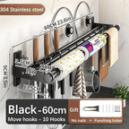 Hanging Wall Mount knife Wall Mount, Kitchen Organizer Storage Shelf for Utensils Spatula Spoon, Space-Saving Knife Rack with Hooks,Wall-Mounted Utensil Holder (Black, 60CM+Three Poles+10Hooks)