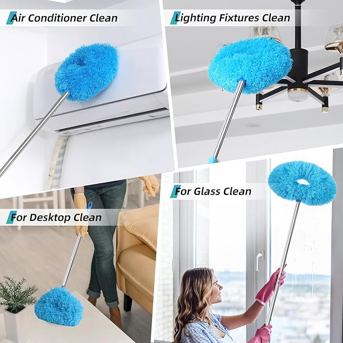 DRQ Ceiling Fan Cleaner Duster, 2 Pack Reusable Microfiber Duster with Extension Pole, 13 to 50 Inch Fan Blade Cleaner, Removable Dusters for Cleaning Walls Bookshelves Door Window Top (Blue Pink)