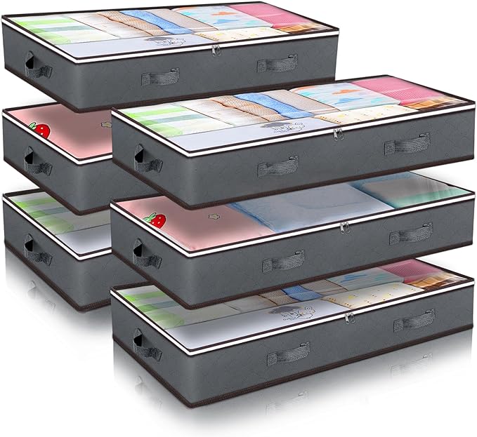 90L Under Bed Storage Containers, 6 Pack Underbed Closet Storage Organizer System, Moving Bags with Clear Window and Reinforced Handles for Bedding Pillows Blanket Clothes Wardrobe Bedroom