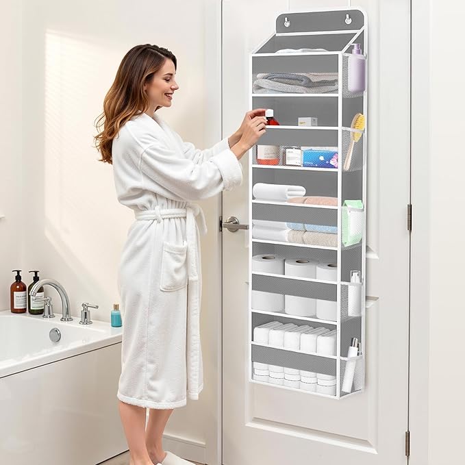 WISELIFE Over The Door Organizer - 5 Shelves Large Capacity Hanging Bedroom Storage Solution with Side Pockets for Dorm Bathroom Pantry Nursery and Baby Essentials Holds up to 40 Lbs (Grey)