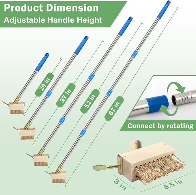 Crack Weeder, Moss Remover Tool, Manual Crevice Weeding Tool, Weed Puller Grout Brush with 67-inch Long Handle for Deck, Paver, Patio, Walkway, Driveway - 2 Weed Brush Heads