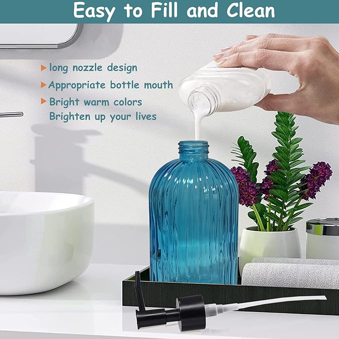Blue Glass Soap Dispenser Set with Black Pump, 13.5oz Refillable Liquid Hand Soap Dispenser, Lotion Dish Soap Dispenser for Modern Home Decor, Kitchen Countertop, Bathroom, Hotel(2 Pack)