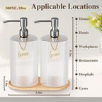 Glass Dish Soap Dispenser Set for Kitchen Sink,18Oz Hand Soap Dispenser for Bathroom with Wood Tray & Silver Stainless Steel Pump,Vertical Stripe Design