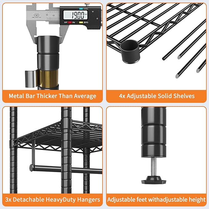 Heavy Duty Clothes Rack, Clothing Racks for Hanging Clothes, Freestanding Garment Racks with Shelves, Adjustable Closet Racks, 73.6" L x 17.3" W x 76.4" H, Max Load 1000LBS, Black