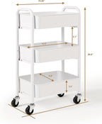 SunnyPoint 3-Tier Delicate Compact Rolling Metal Storage Organizer - Mobile Utility Cart Kitchen/Under Desk Cart with Caster Wheels - WHT (15.35" X 10.24" X 26.8"H)