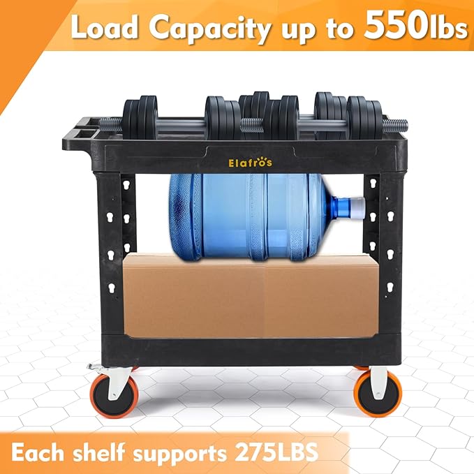 ELAFROS Extra Large Heavy Duty Utility Cart 39.9 x 24.6 Inch - Work Cart Big 2-Tier Plastic Rolling Service Cart with Deep Shelves, 6 Inch Casters, 550 lbs Capacity, Black