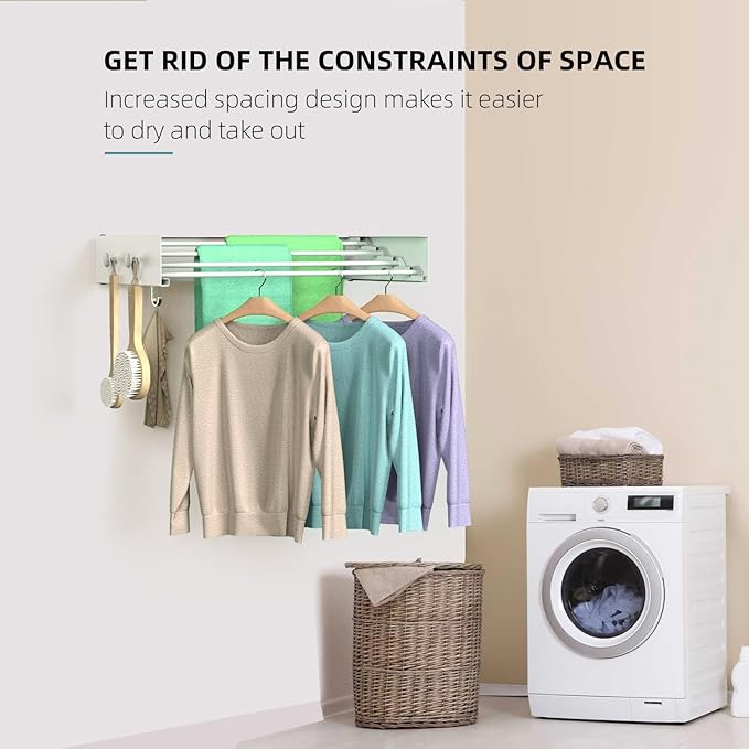 Drying Rack Clothing,Clothes Drying Rack Wall Mounted,Laundry Drying Rack Wall Mount,Foldable,Collapsible,60 lb Capacity 5 Aluminium Poles with 12 Hooks (White, 23.6'')