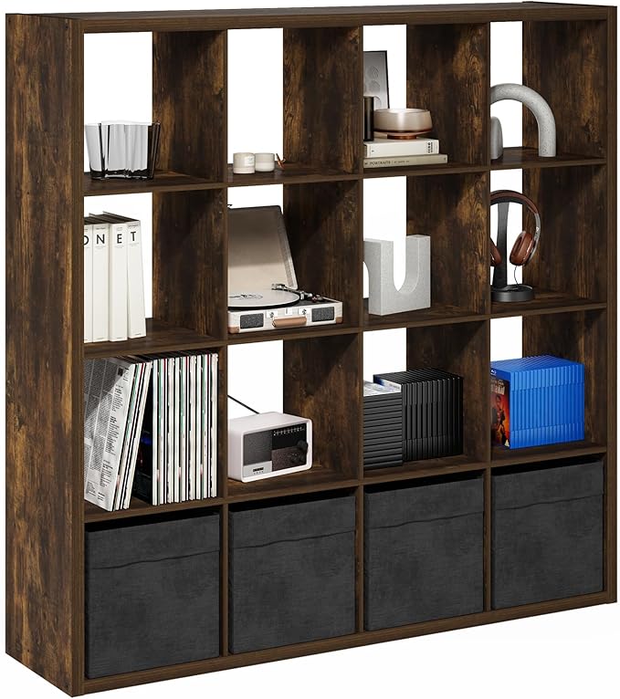 Furinno Cubicle Open Back Decorative Cube Storage Organizer, 16-Cube, Amber Pine