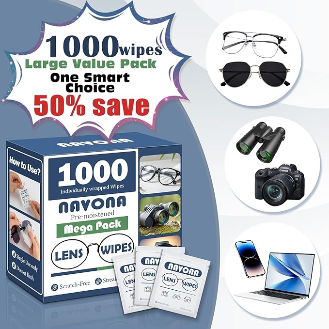 1000 Count Lens Wipes for Eyeglasses – Pre-Moistened, Individually Wrapped Eyeglass Cleaning Wipes – Scratch-Free, Streak-Free Glasses Cleaner Wipes for Sunglasses & Camera Lens – Bulk Pack
