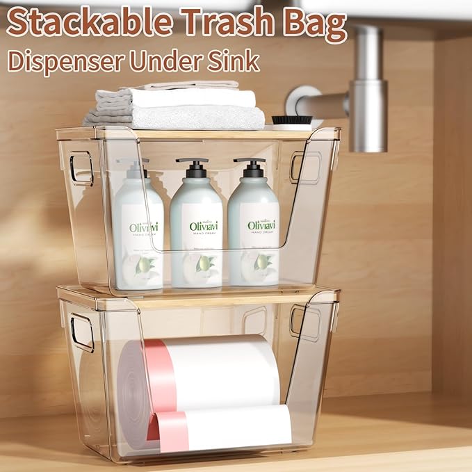 2 Set Stackable Storage with Bamboo Top for Laundry Room Organization, Extra Large Trash Bag/Garbage Bag Dispenser, Under Sink Organizer, Pantry Organizers