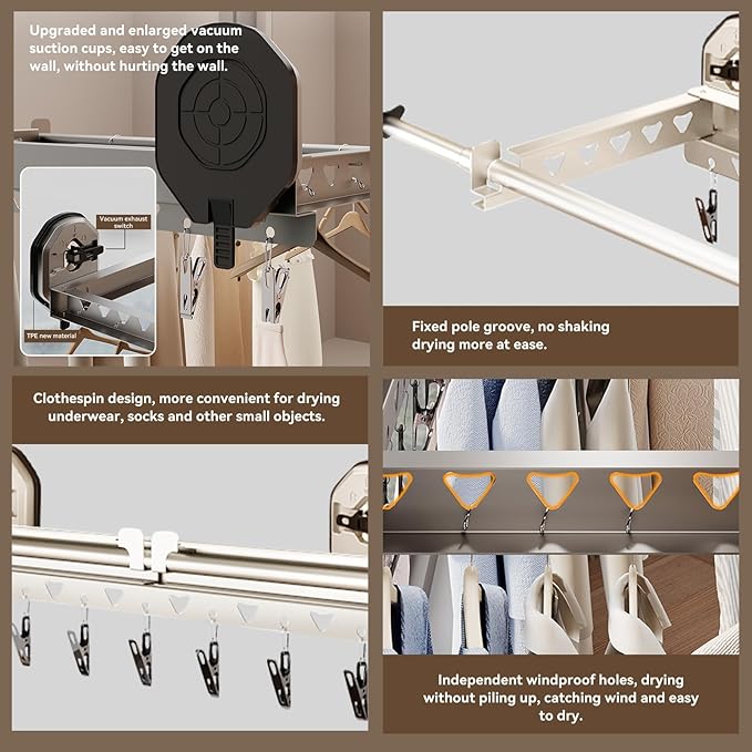 Extendable Clothing Dryer Rack, Invisible Folding Storage, Wall Mounted Drying Rack, Strong Suction Power, for Bed Linen, Clothing, Foldable Bathroom Wall Shelf (Milky White)