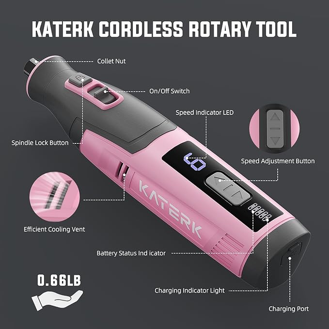 Katerk Cordless Rotary Tool, 4000mAh Battery, 6-Speed, 28000RPM, Rotary Tool Kit with 70 Accessories Light duty Engraving Pen for Sanding, Polishing, Drilling, Etching, Grinding, Wood Carving