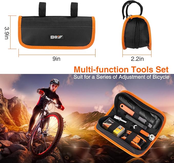 Bicycle Repair Bag With Tire Pump, Portable Tool Kit for Camping Travel - Bike Glueless Patches, Maintenance Essentials All in One Safety Kit