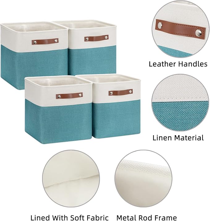 HNZIGE Fabric Storage Cube Bins Baskets for Organizing, 11 inch Cube Storage Baskets, Set of 4, Collapsible Storage Baskets with Handles, Closet Organizers Storage Home Toy Nursery room(White Teal)