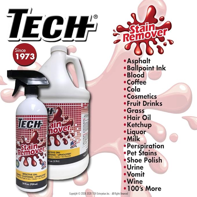 TECH Multi-Purpose Stain Remover | For Carpet, Clothes, Baby, Furniture, Pet, Upholstery, Laundry, Rug Stains | Red Wine, Blood, Coffee, Armpit Stain Remover All-In-One Solution | (8 ounce Bottle)