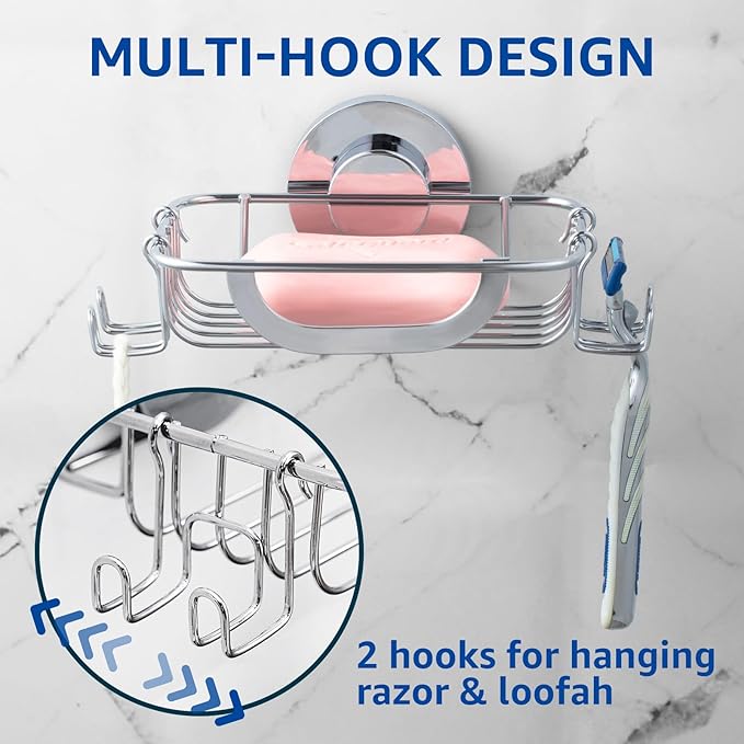 Soap Dish Soap Bar Holder Suction Cup with 4 Hooks, Stainless Steel Soap Saver Tray for Shower Wall, Bathroom, Kitchen, Rustproof No Drilling Bar Soap Holder, Silver