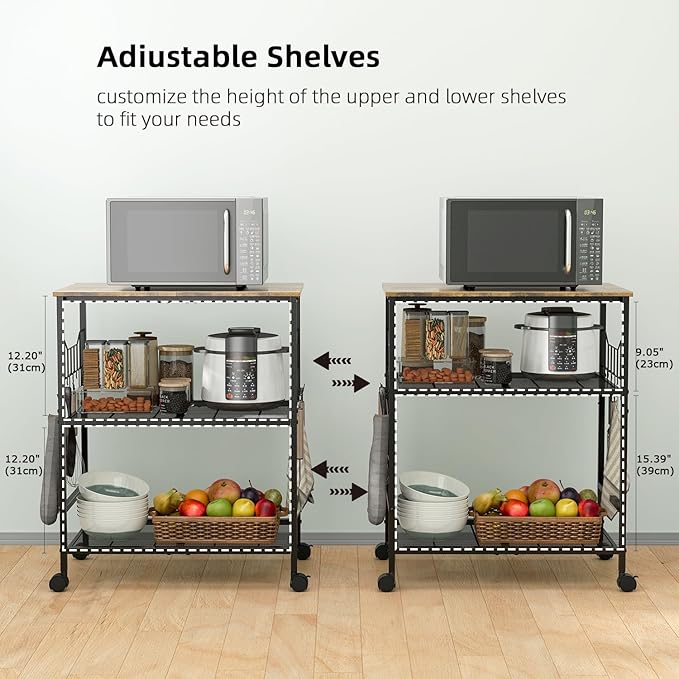 Rolling Kitchen Microwave Cart with Wheels, 3 Tier Microwave Storage Cart with Adjustable Shelves, Coffee Table, Utility Cart for Kitchen, Living Room, Office, Laundry Room