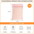 4 Piece Pink Small, Durable Organic Cotton Mesh Laundry Bag with Strong Zipper and Breathable Mesh, Delicate Laundry Bag for Underwear, Clothes, Pants and Socks