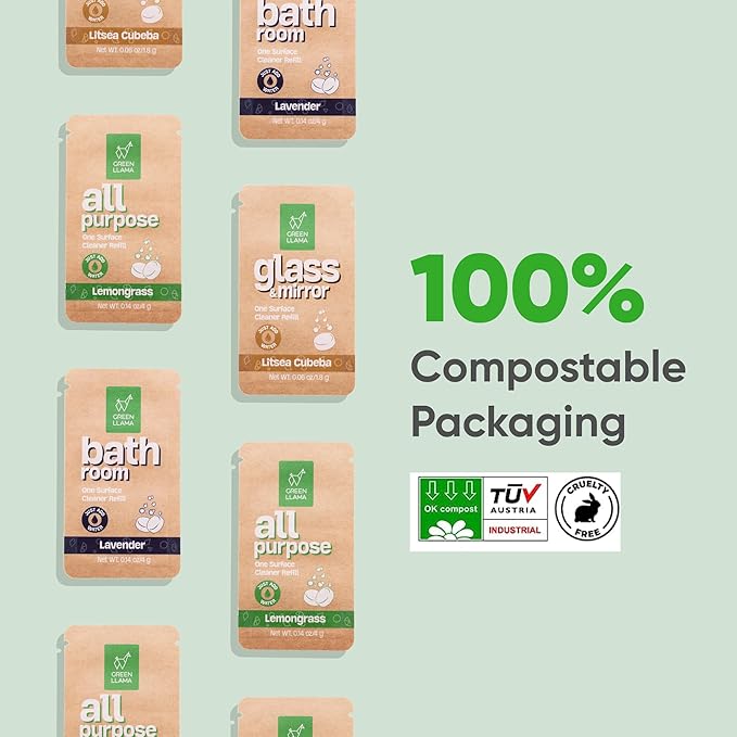 Green Llama Window and Glass Refill 3-Pack - Certified Compostable Packaging, Natural Cleaning Solution for Windows and Glass - Eco-Friendly and Sustainable